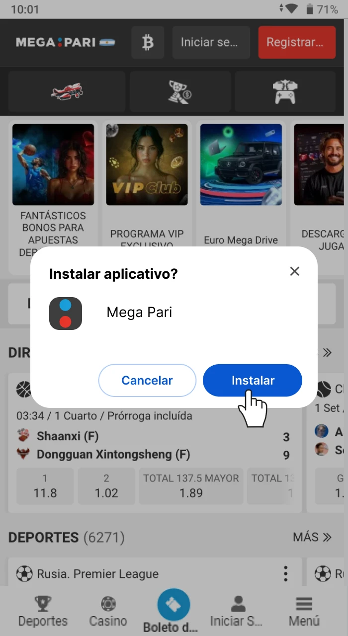 Haz clic en Instalar para que la aplicación Megapari aparezca en tu smartphone.