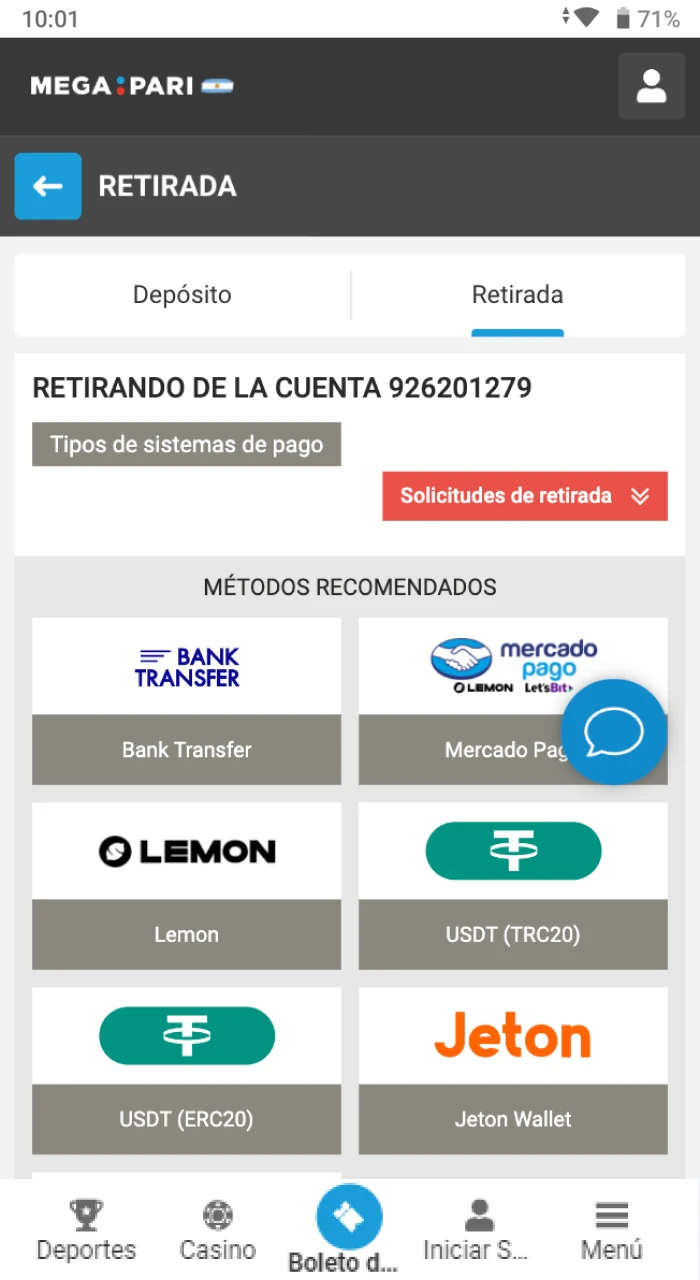 Deposite fondos en su cuenta en Megapari Casino.