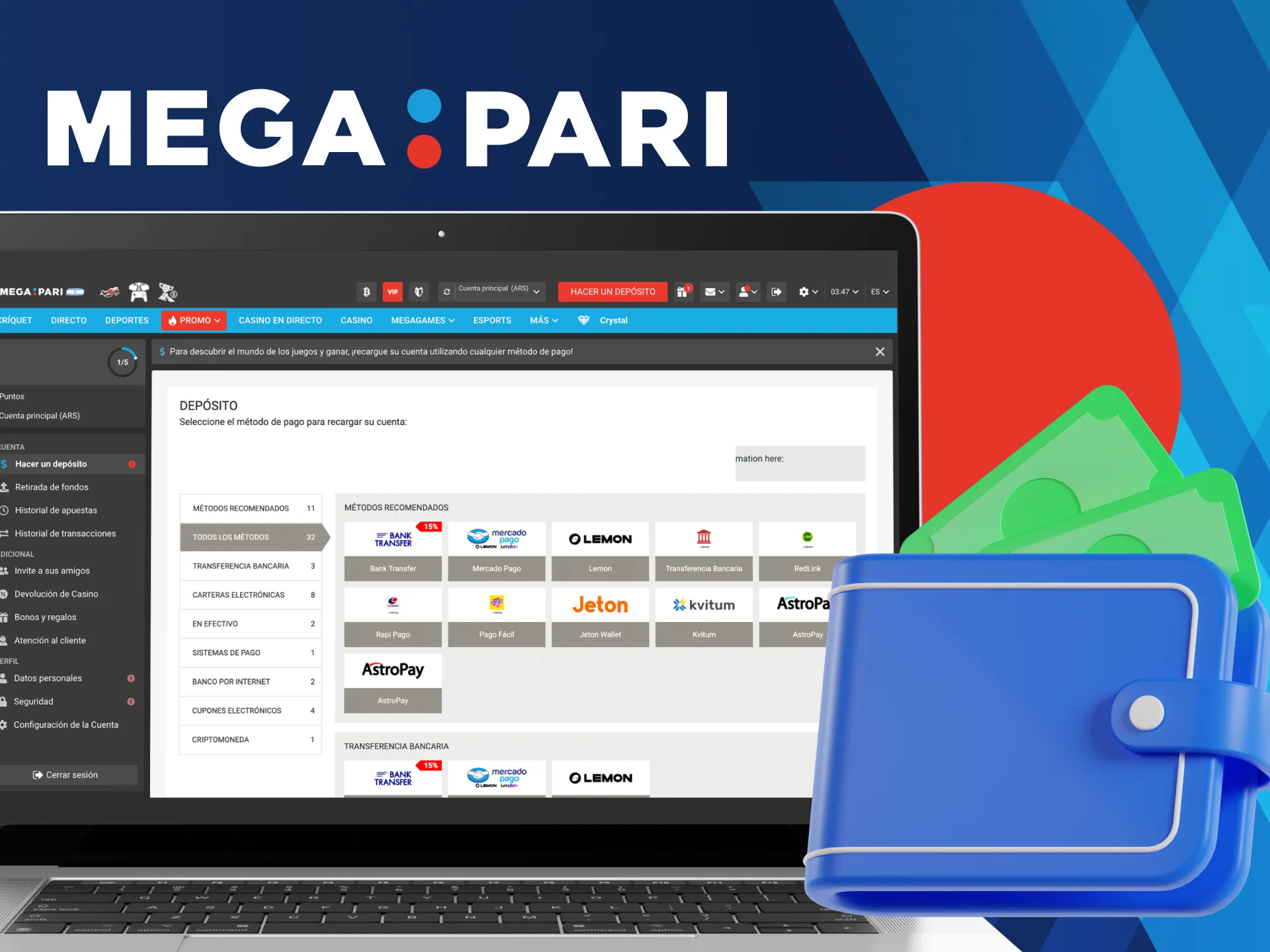 Una gran selección de métodos de pago en Megapari Casino.