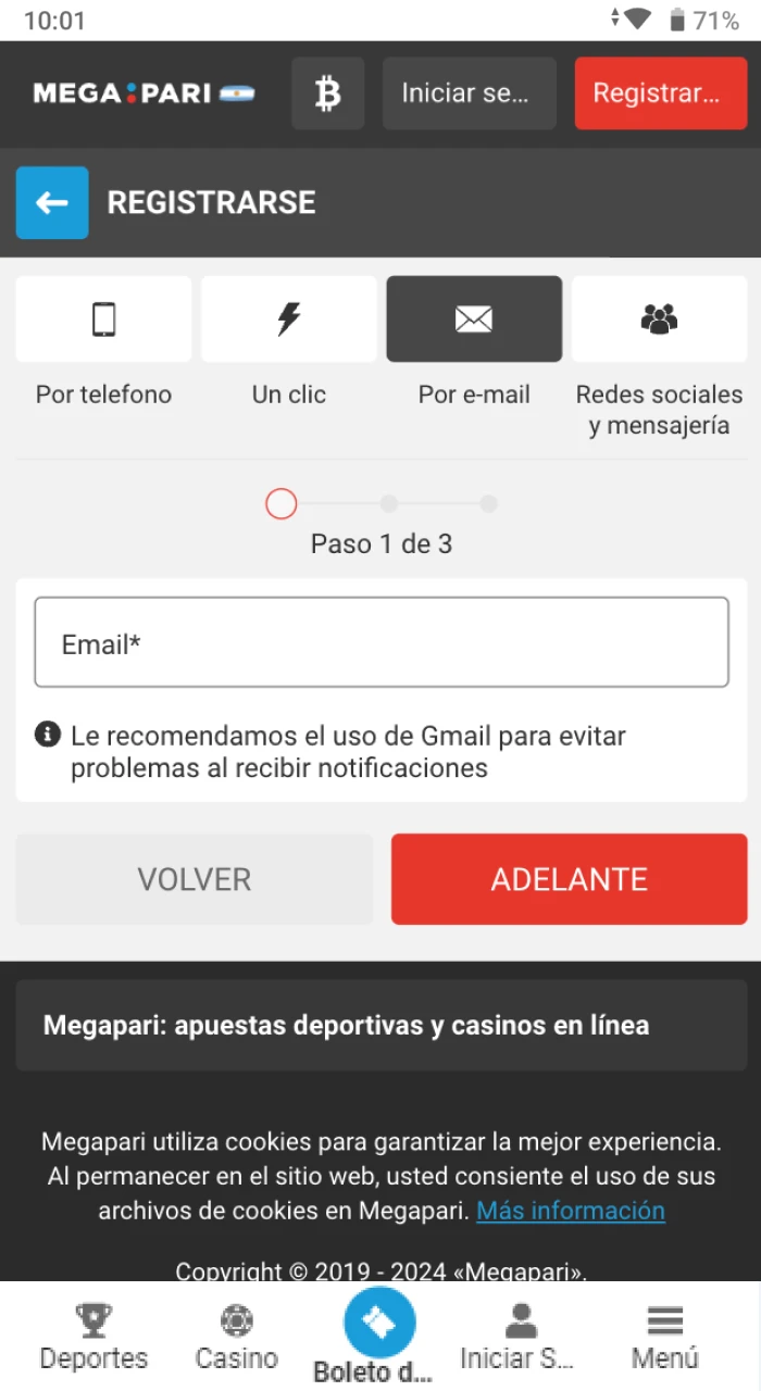 Registro rápido en el sitio web de Megapari.