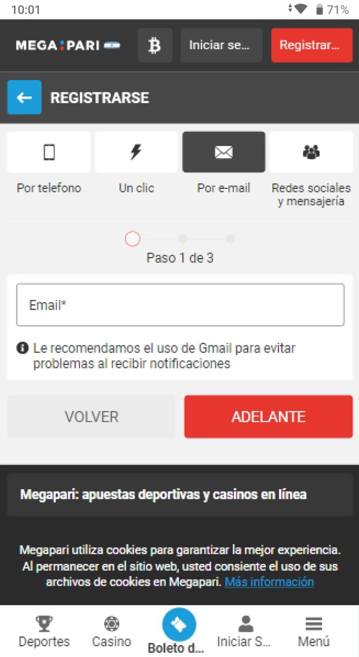 Despues de elegir un metodo de registro, el usuario debe completar un formulario en el sitio web del casino en linea Megapari.