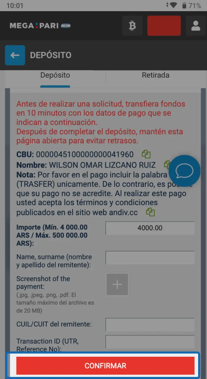 Completa la transacción de recarga en Megapari.