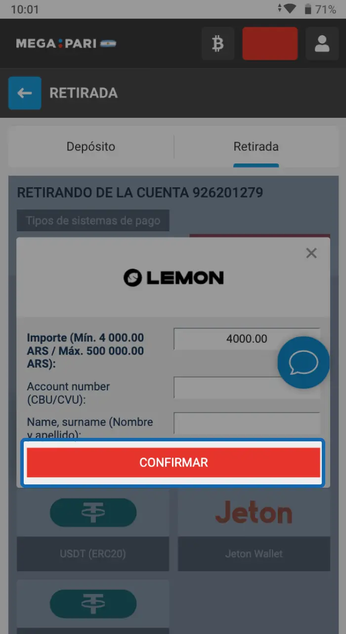 Verifique toda la información y confirme la transacción en Megapari.