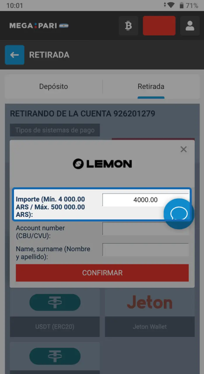 Introduzca el importe que desea retirar de su cuenta Megapari.