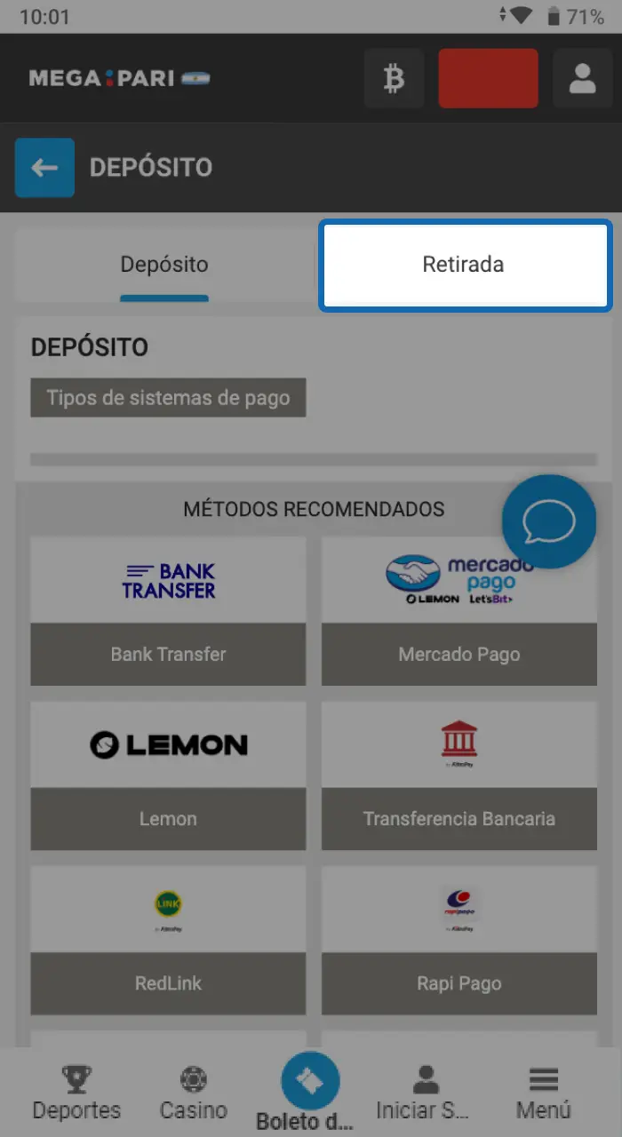 Ir a la sección de retirada en Megapari.