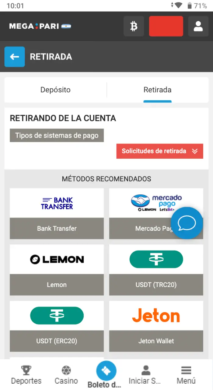 Seleccione un método de retiro de Megapari.